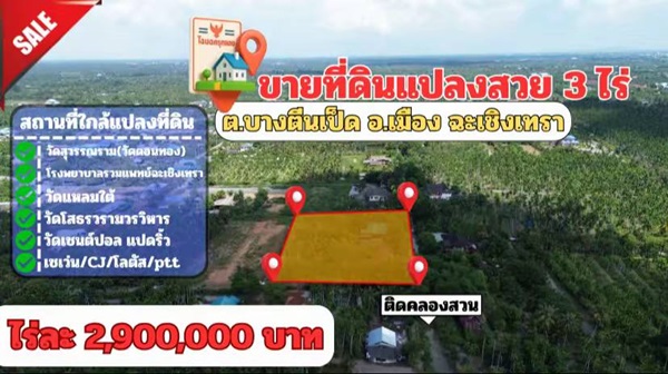 ขายที่ดินแปลงสวย ต.บางตีนเป็ด อ.เมือง จ.ฉะเชิงเทรา เนื้อที่ 3 ไร่ 9 ตร.ว. โทร 081-435-2828